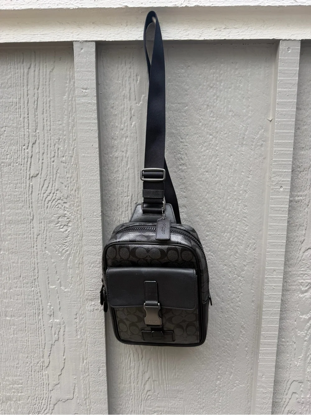 Coach Men’s Track Pack in Charcoal/Black Signature Coated Canvas
